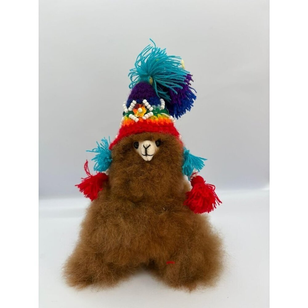 Classic and Cute Alpaca with Peruvian Style Beanie 6" Handmade Cute Stuffed - Picture 3 of 4